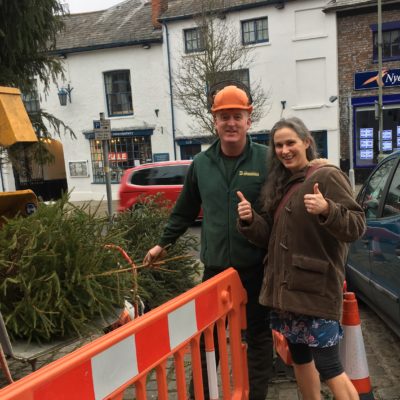 Jim Broadmead chipping Christmas trees for charity